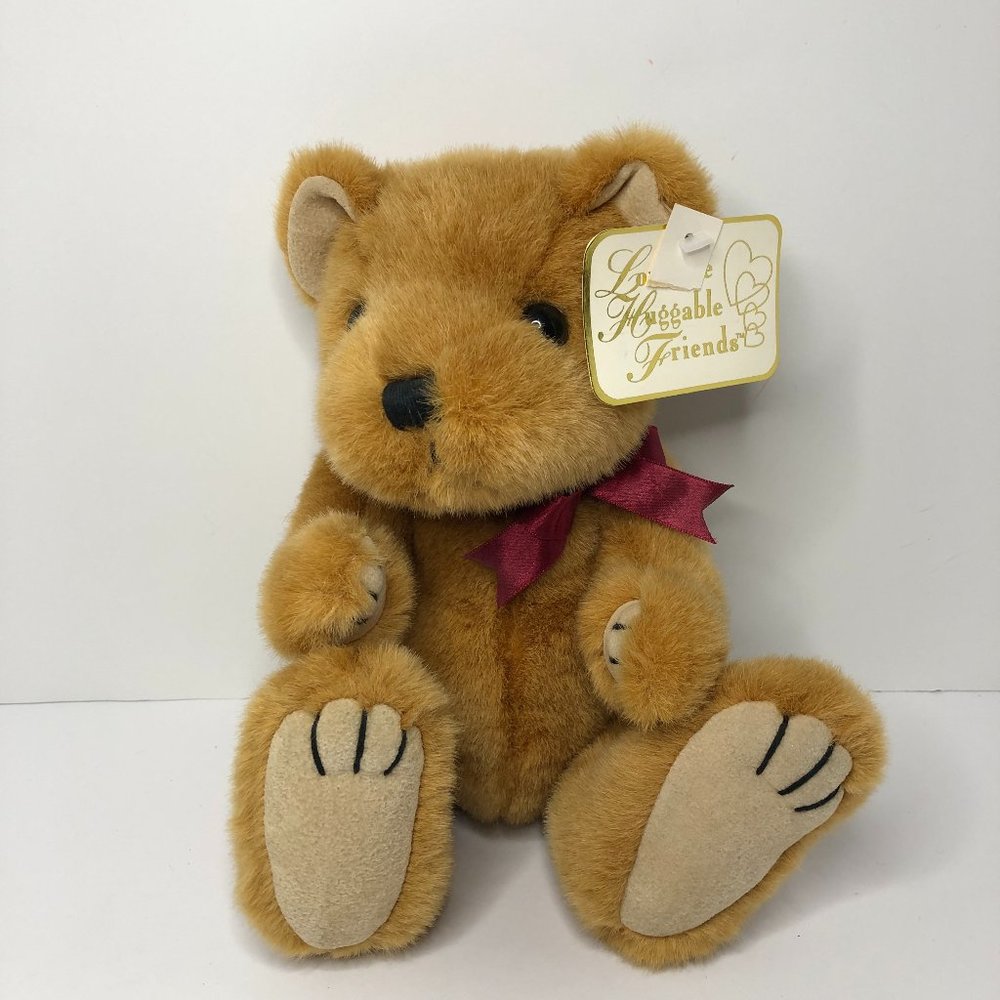 Vintage One Of A Kind Plush Bear 9" Brown Bear with Merlot Bow Collectible